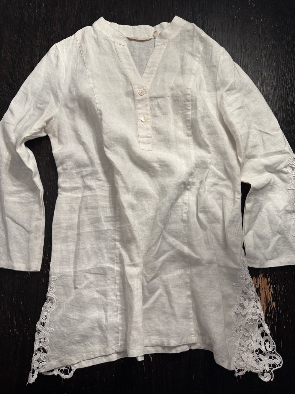 Soft Surroundings White Linen Button-Front Tunic with Lace Insets